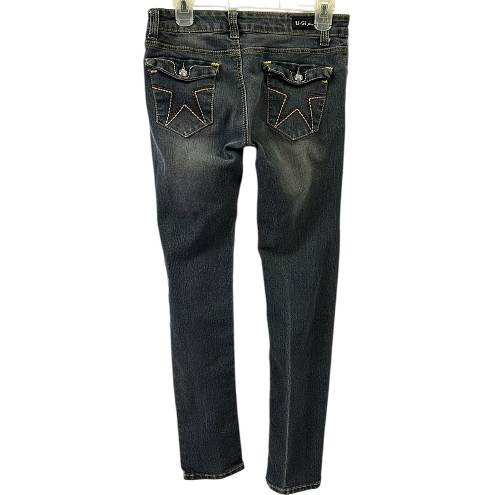 U 51 Jeans Button Flap Rhinestone Embroidered Pocket Skinny Blue Jeans Juniors 7